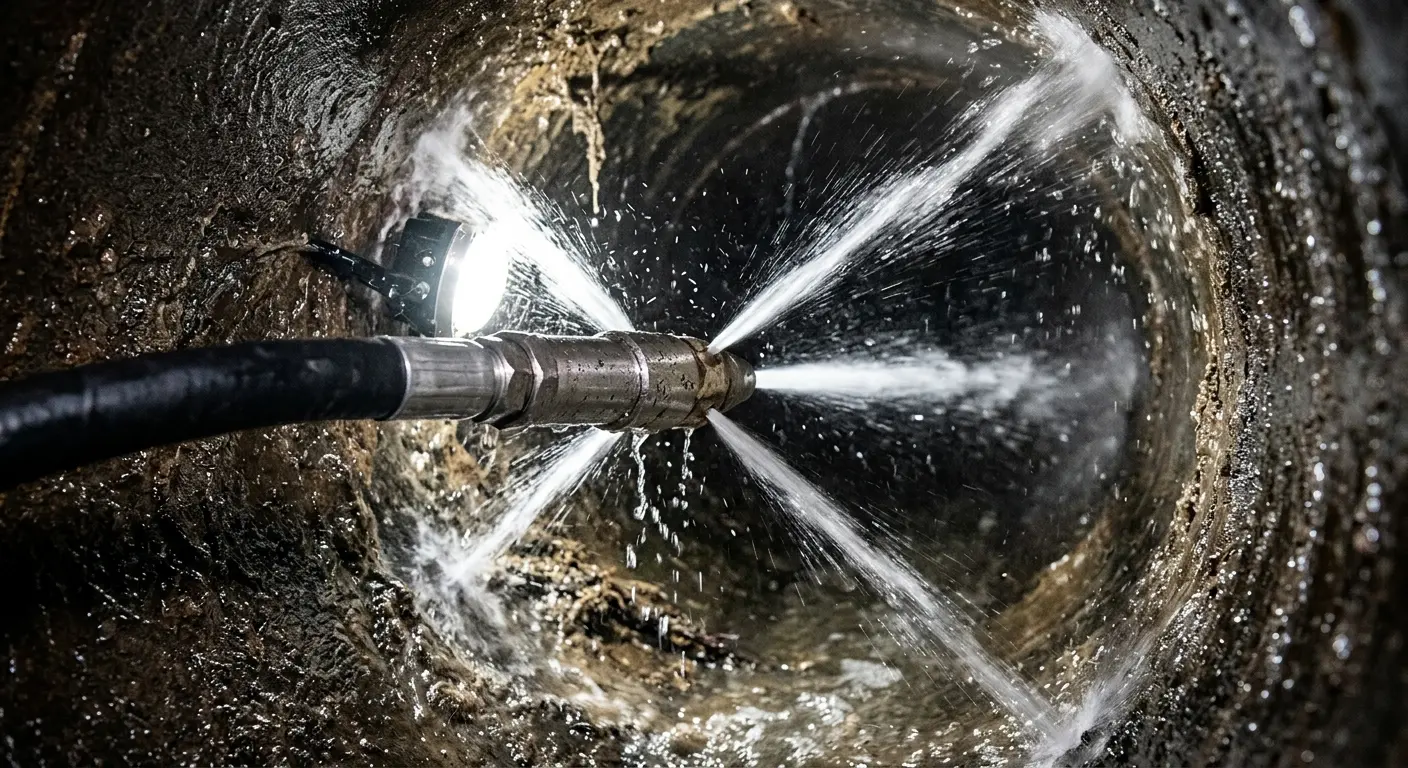 High-pressure hydro jetting nozzle cleaning sewer pipe for Trenchless Sewer Repair in Monticello