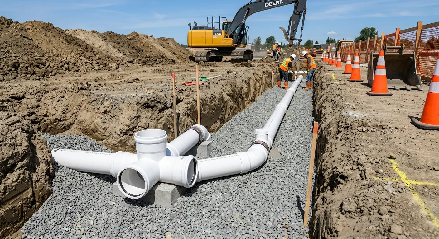 New PVC sewer pipe installation in open trench for Commercial Drain Cleaning in Monticello