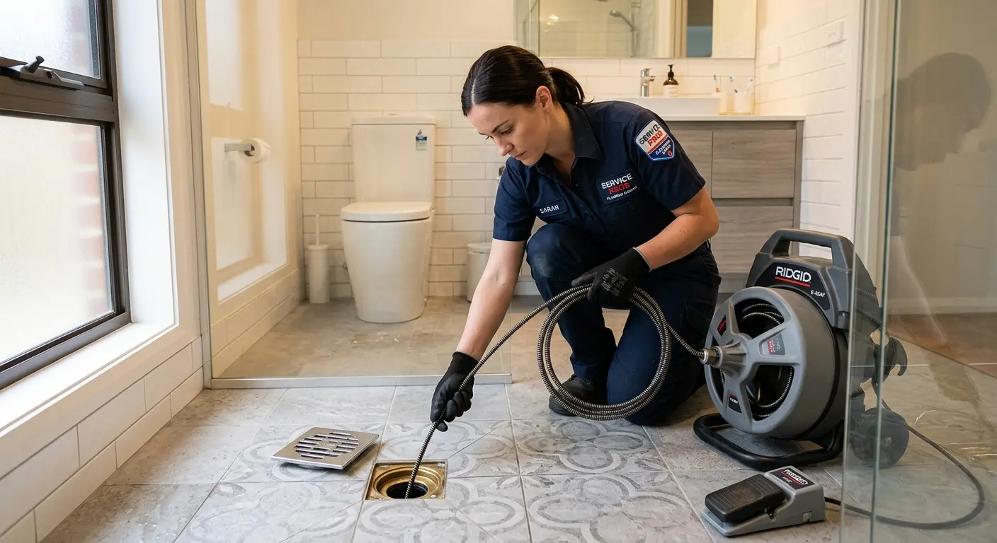 Technician clearing a bathroom floor drain for Hydro Jetting in Monticello